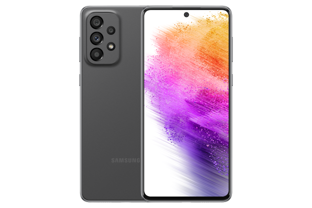 2. Galaxy A73 5G in Awesome Gray seen from the front with a colorful wallpaper onscreen. It spins slowly, showing the display, then the smooth rounded side of the phone with the SIM tray, then the matte finish and the minimal camera housing on the rear and comes to a stop at the front view again.