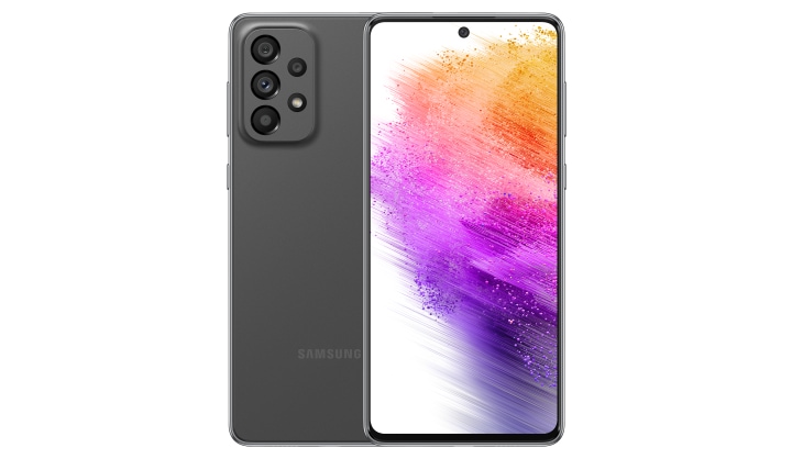 2. Galaxy A73 5G in Awesome Gray seen from the front with a colorful wallpaper onscreen. It spins slowly, showing the display, then the smooth rounded side of the phone with the SIM tray, then the matte finish and the minimal camera housing on the rear and comes to a stop at the front view again.