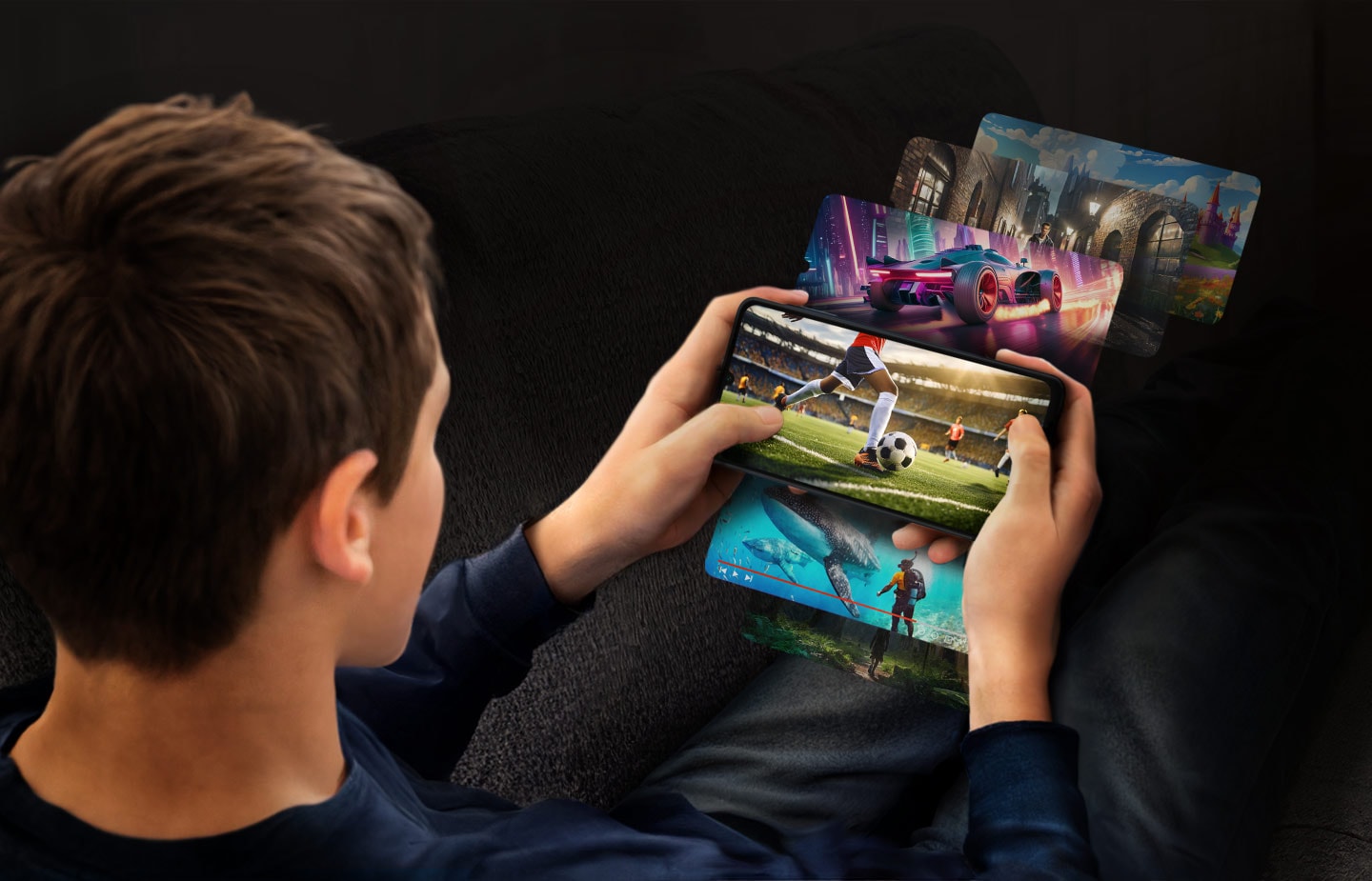 A person is playing games on the Galaxy A06. Various game scenes are projected around the screen showing the Galaxy A06's memory and storage capabilities.