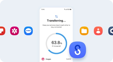 A smartphone displaying a data transfer process. Around the phone are colorful app icons and a Smart Switch logo.