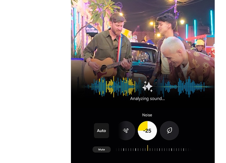 Footage of subjects is seen with soundwaves across the middle. Audio Eraser analyzes sound reduces unwanted noise to minus 25.