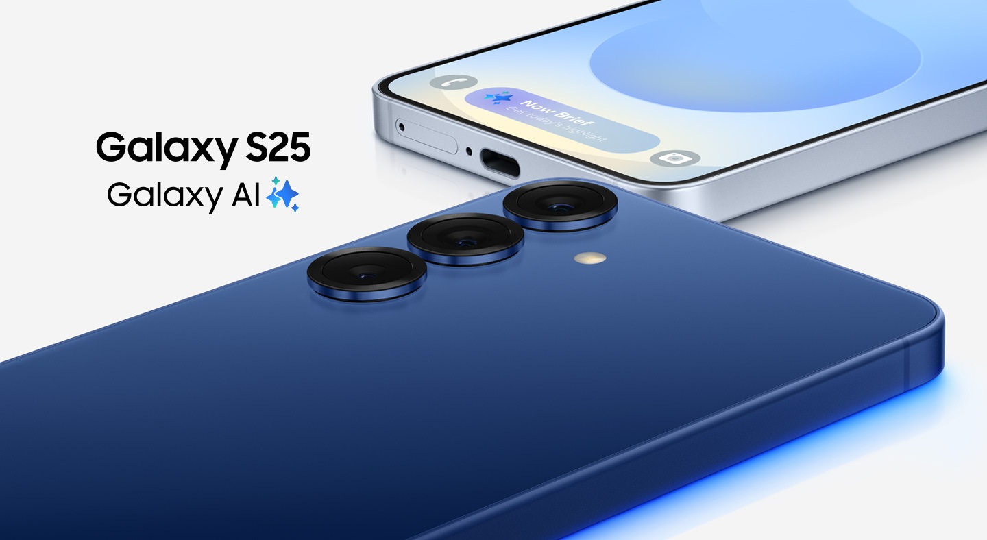 Galaxy S25 plus. Galaxy S25 and S25 plus devices, one above the other, at a slight angle. Galaxy AI.