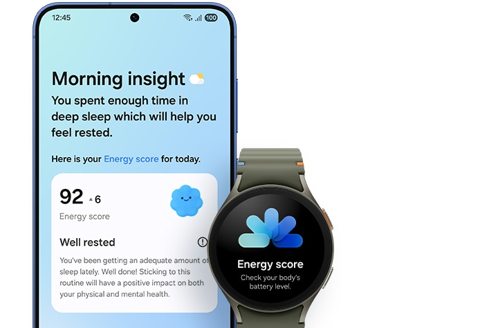 Galaxy S25 plus is seen from main screen. Now Brief is active. The Morning Insight shows today's Energy Score which has also been synced to Galaxy Watch.