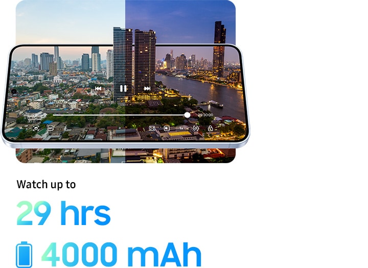 A time lapse of a city landscape goes from day to night for 29 hours and 30 minutes thanks to Galaxy S25 plus's long-lasting battery. Watch up to 30 hours. 4900 milliampere hours.