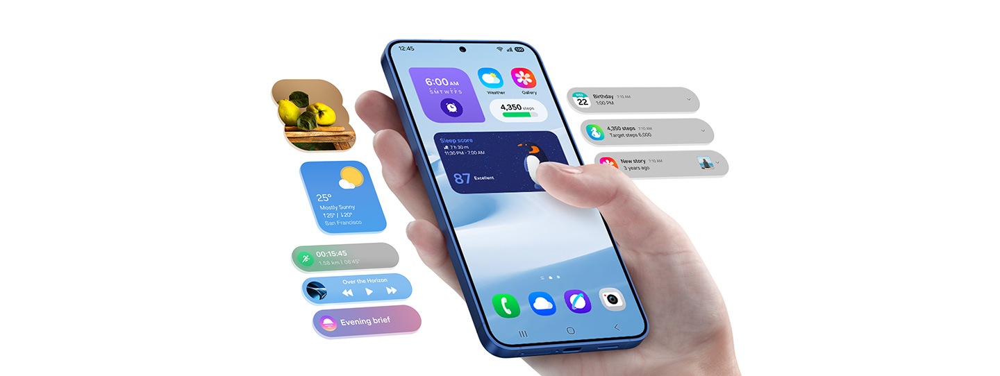 Galaxy S25 plus is seen with various widgets on the main screen. The device is flanked by other widgets and notifications. To the left, gallery widget, weather widget and music, exercise and timer Now Bar alerts. To the right, notifications can be seen.