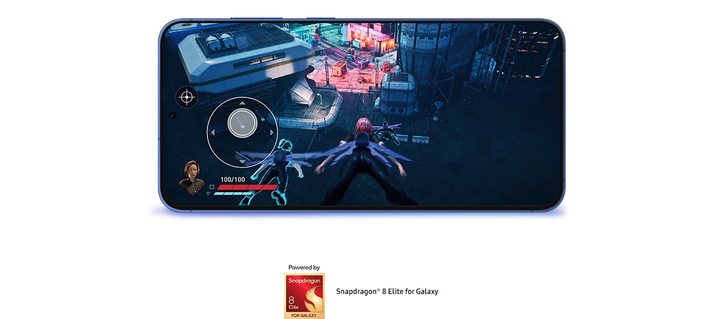 A scene from a game is shown. Powered by Snapdragon 8 Elite for Galaxy.