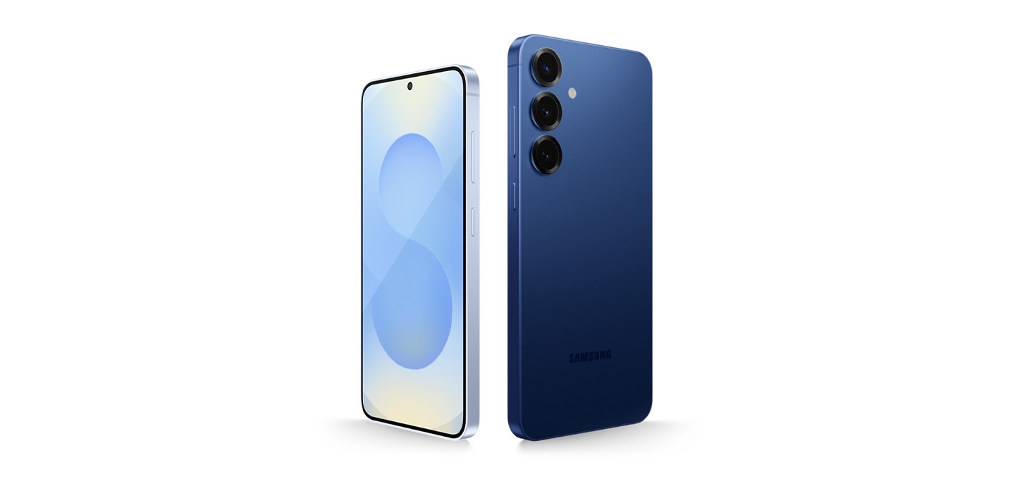 Galaxy S25 plus in Navy and Galaxy S25 in Icyblue are seen standing at a slight angle. The bigger Galaxy S25 plus is seen from the rear and Galaxy S25 is seen from the main screen.