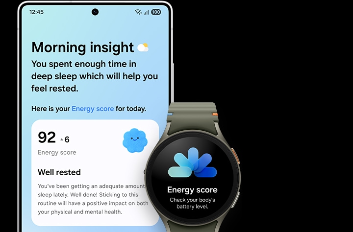 Galaxy S25 Ultra is seen from main screen. Now Brief is active. The Morning Insight shows today's Energy Score which has also been synced to Galaxy Watch.