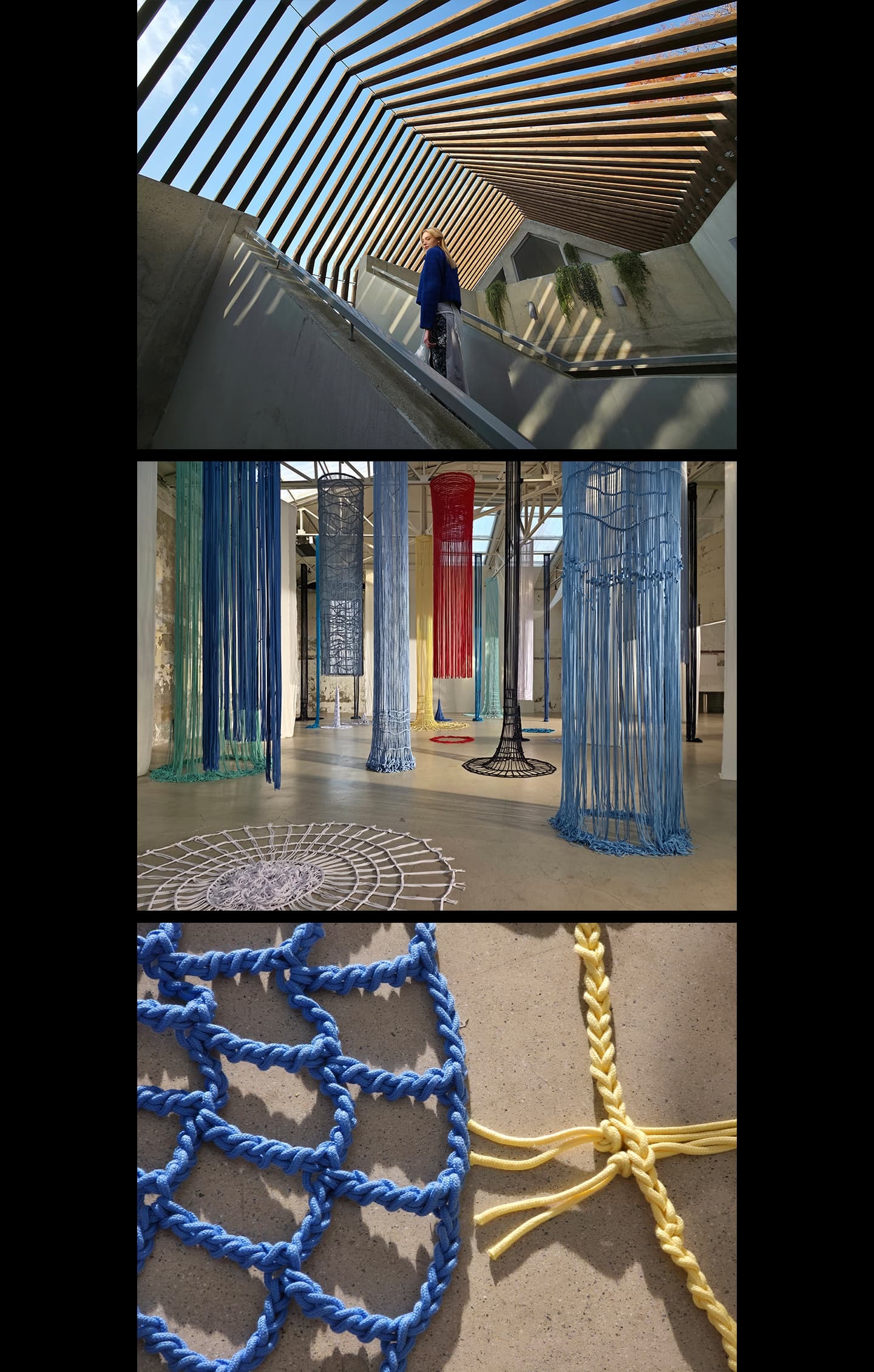 Ultra wide photo of a woman against a structured building. Details are clear thanks to high resolution. Next, Wide photo inside a museum with colorful rope installations. Colors are bright and details are clear. Last, Telephoto shot of details of colored rope in a museum. Colors are vivid. Captured by Galaxy S25 Ultra hashtag with Galaxy.