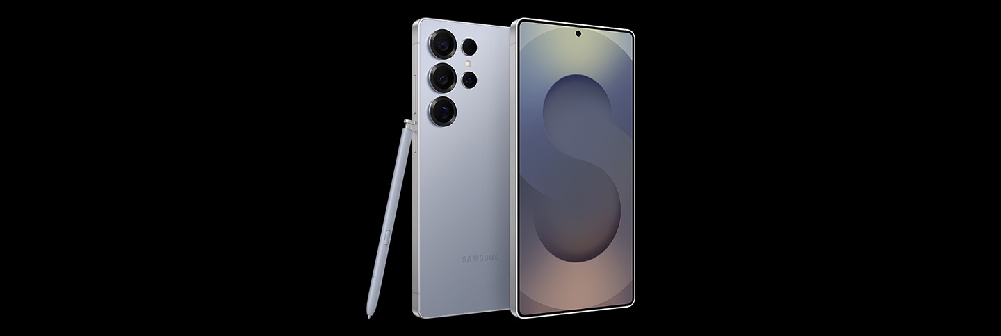 Two Galaxy S25 Ultras can be seen in Titanium Silverblue. One device is seen from the rear with S Pen resting against it and the other is seen from the main screen.