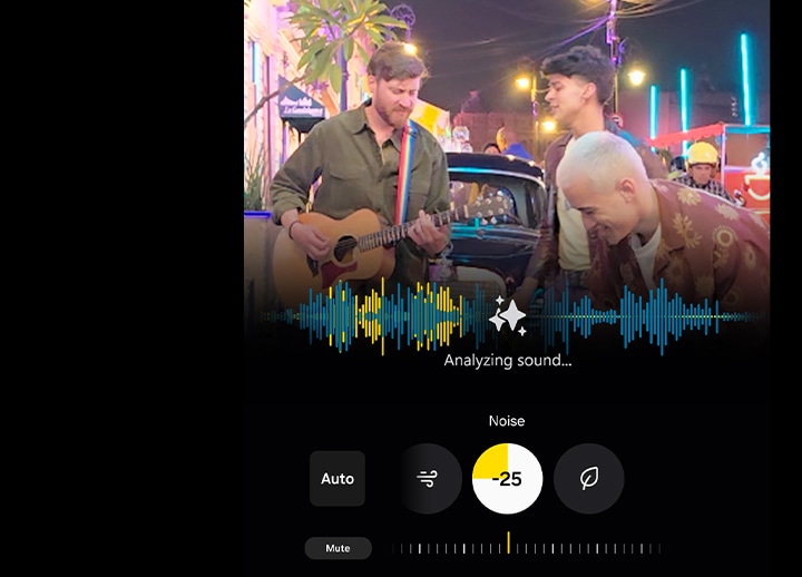 Footage of subjects is seen with soundwaves across the middle. Audio Eraser Analyzes sound reduces unwanted noise to minus 25.