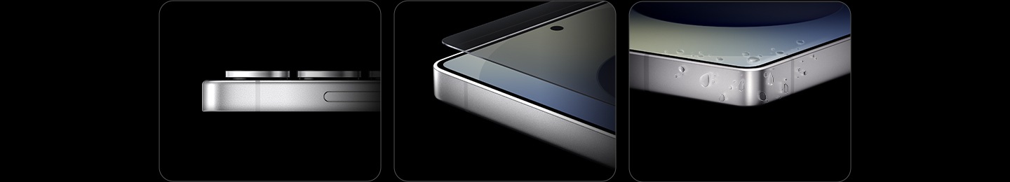 Close up of horizontal Galaxy S25 Ultra from profile view showing the titanium frame. Then, close up of the corner of Galaxy S25 Ultra. A sheet of durable glass hovers above the main screen. Next, close up of the corner of Galaxy S25 Ultra with water droplets on the titanium frame.
