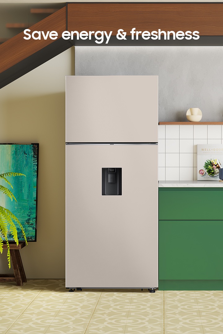 Save energy & freshness. The refrigerator is installed in the Kitchen.