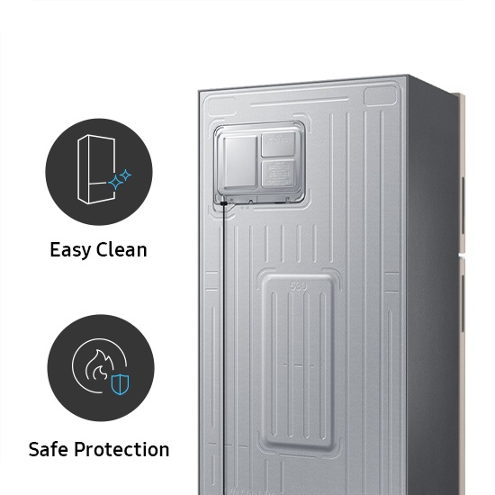 There are Easy Clean and Safe Protection icons. There is a back view of the refrigerator.
