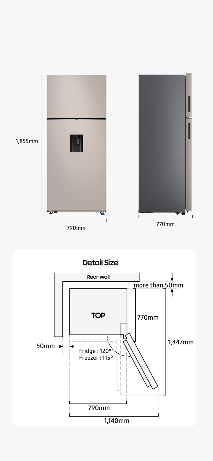 The refrigerator is 1,855mm high including the hinge, 790mm wide, and 770mm deep. Detailed sizes for installation are explained in the TOP view. When door of Fridge is opened to 120 degrees, the total width is 1,140mm. And door of Freezer can be opened to 115 degrees. When door is opened to 90 degrees, the total depth is 1,447mm. When installed, the refrigerator needs more than 50mm of space from the rear and side wall.
