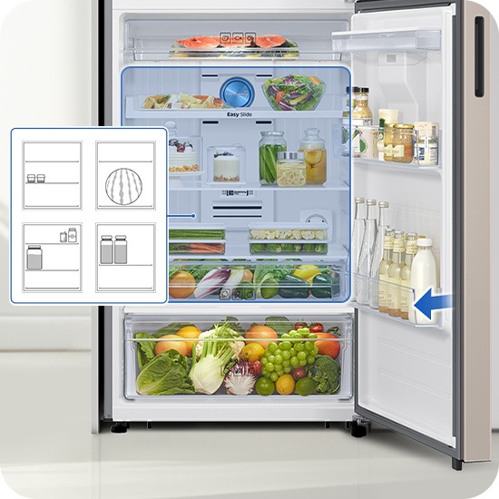 Adjustable Shelves can be removed or repositioned to easily fit items of different sizes - tall bottles, giant watermelons, and small bottles, without wasting space. Guard shelf in the door can store big bottles.