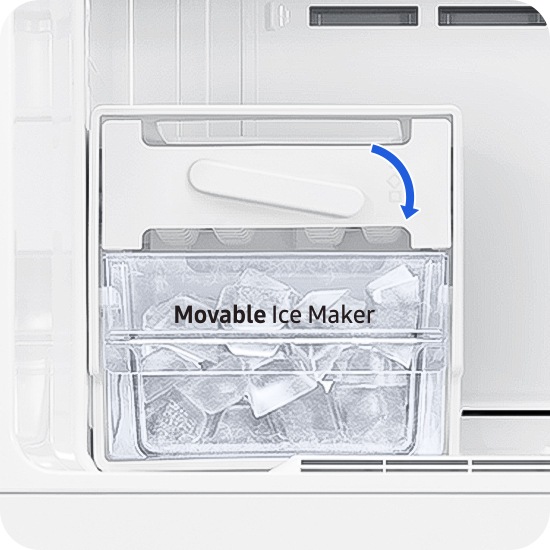 Twist Ice Maker is on a shelf in the freezer. With a twist, lots of ice falls into the removable storage bin below.