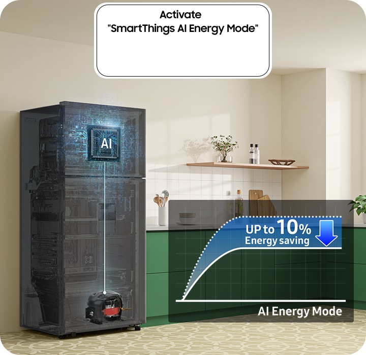The refrigerator installed in the kitchen with the Activate “SmartThings AI Energy Mode” button ON. The AI Energy Mode is turned on, AI activated to check internal and manage the compressor, and a graph shows the UP to 10% Energy Saving effect when in AI Energy Mode compared to Normal mode.