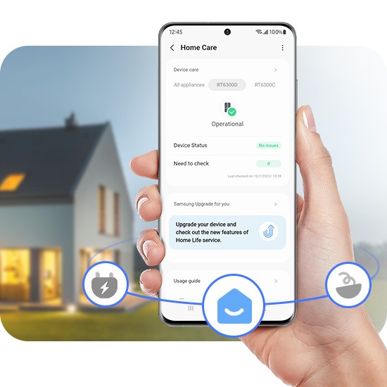A person is using the SmartThings Home care and checks the device status.