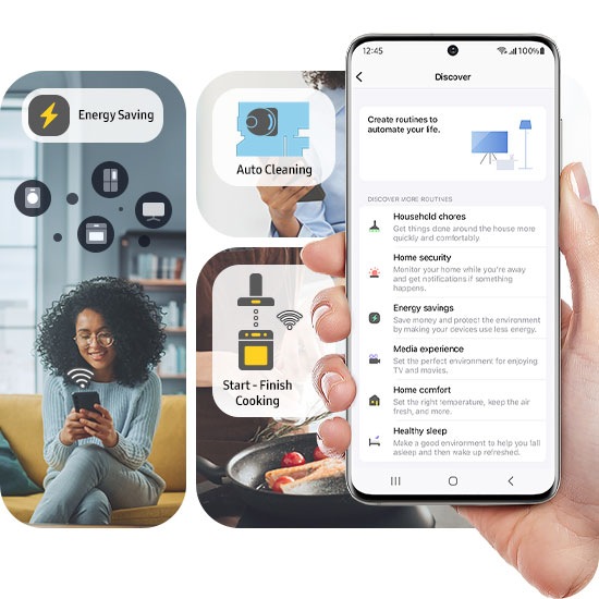 A person is using the SmartThings app and automates life by creating routines such as energy saving, auto cleaning and start-finish cooking.