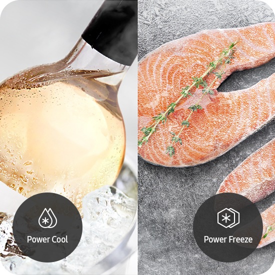 Cool the wine quickly in the Power Cool mode, and freeze the salmon quickly in the Power Freeze mode.