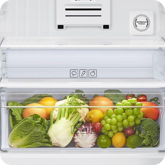 A lot of vegetables and fruits are stored in the veg box.