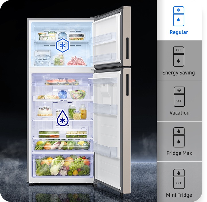 The 5 smart modes are available with the buttons inside the refrigerator. Regular (Both freezer and fridge ON), Energy Saving (freezer OFF, fridge ON), Vacation(freezer ON, fridge OFF), Fridge Max(Convert the freezer into a fridge and both fridge ON), and Mini Fridge(Convert the freezer into a fridge and power ON, bottom fridge OFF).