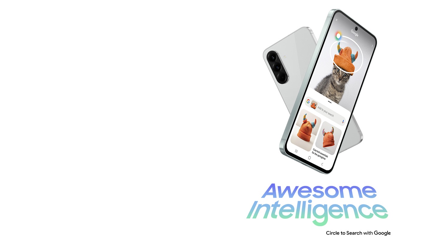 Two Galaxy A56 5G devices forming an X shape. The one in the back is in rear view. The one in the front has Circle to Search feature onscreen. Text Intelligence magistrale can be seen. Text Circle to Search with Google can be seen.