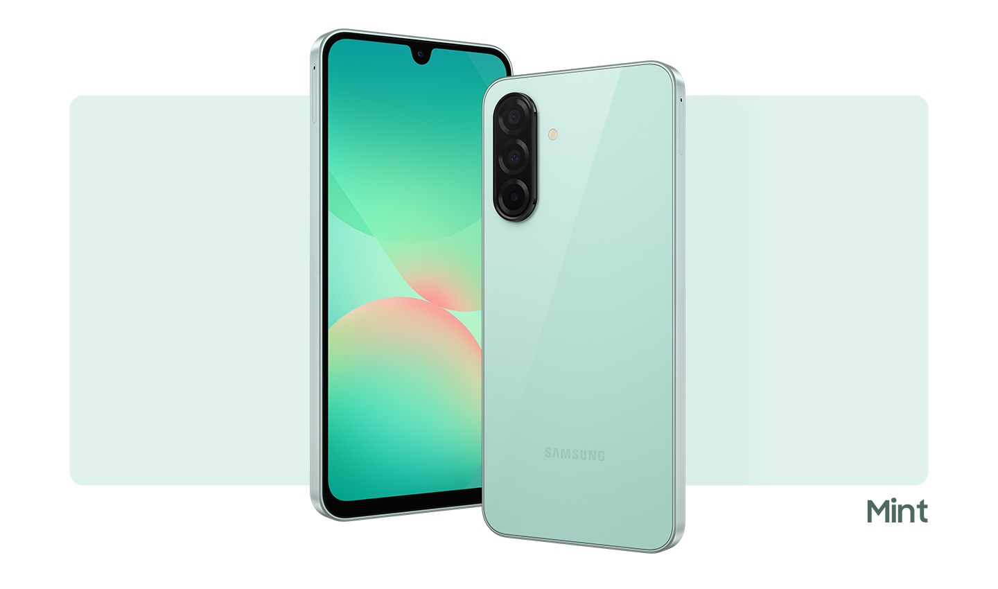 Two Galaxy A26 5G devices in Mint. One showing the front view with an abstract graphic onscreen. The other, showing the camera layout and rear view in Mint.