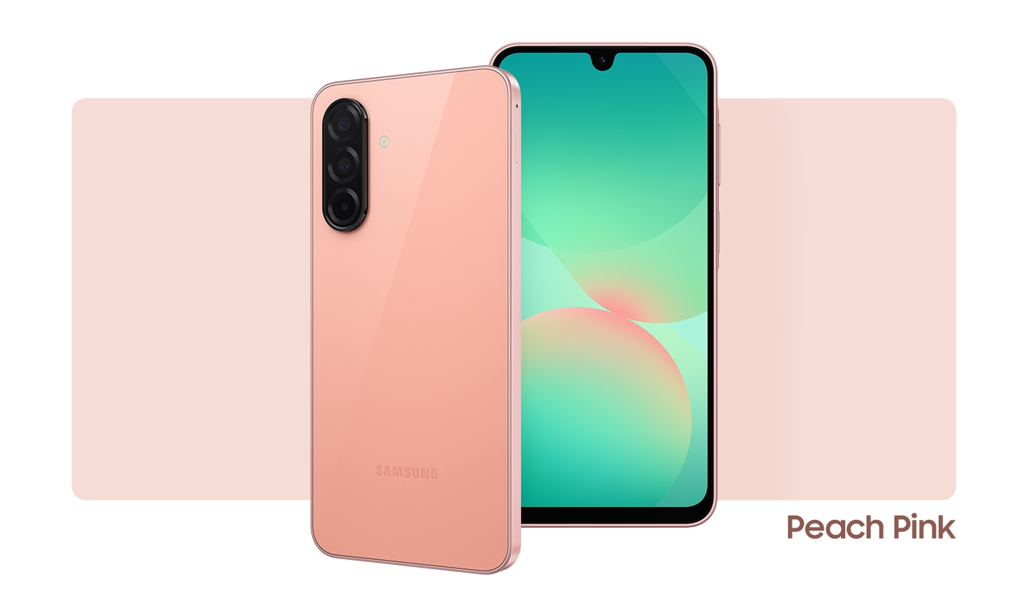 Two Galaxy A26 5G devices in Peach Pink. One showing the front view with an abstract graphic onscreen. The other, showing the camera layout and rear view in Peach Pink.