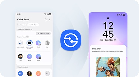 The left phone's screen lists files and contacts available for sharing, while the right phone displays a notification for an incoming 'Quick Share' transfer with a preview of shared images, Quick Share icon in the center.