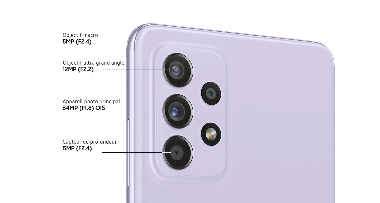 Un gros plan sur le quadruple appareil photo du modèle Violet Magistral, montrant l’appareil photo principal F1.8 64 MP OIS, l’objectif ultra grand angle F2.2 12 MP, le capteur de profondeur F2.4 5 MP et l’objectif macro F2.4 5 MP.