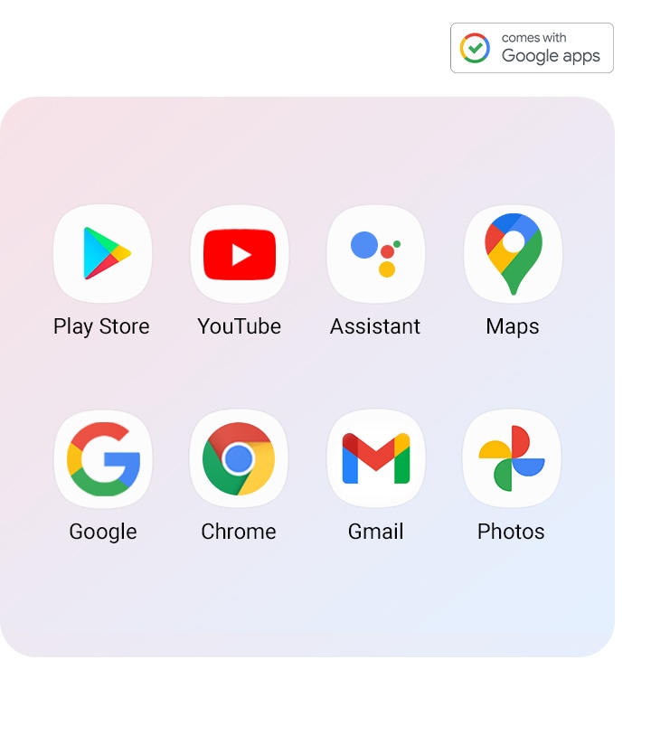 Les applications Google installées sur le Galaxy A72 sont affichées (Play Store, YouTube, Assistant, Maps, Google, Chrome, Gmail, Photos).