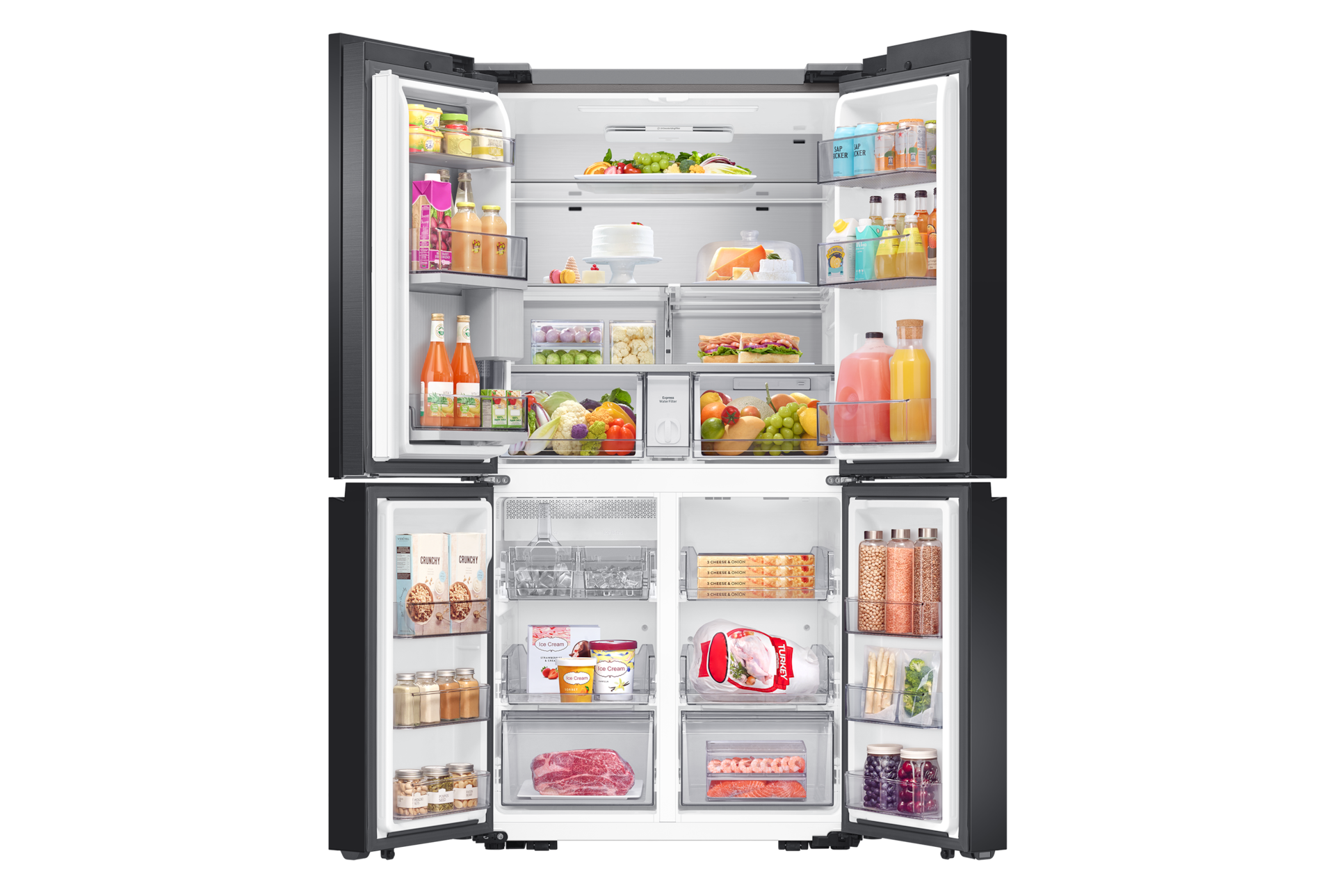 BESPOKE RF9000 T Style French Door Refrigerator with Beverage Center™ Front-Open-With-Food1 Clean Black 