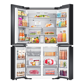 BESPOKE RF9000 T Style French Door Refrigerator with Beverage Center™ Front-Open-With-Food1 Clean Black 