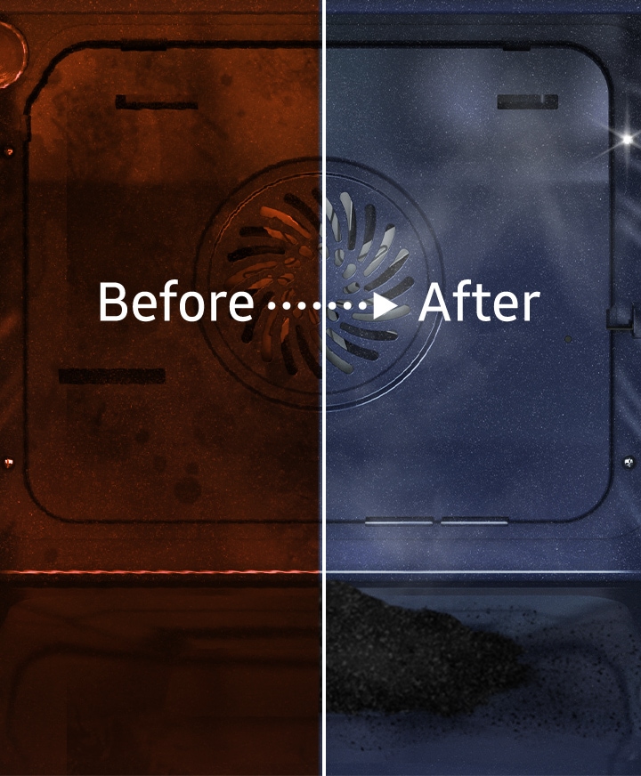 Shows the inside of the oven "before" and "after" cleaning using the Pyrolytic Cleaning system.