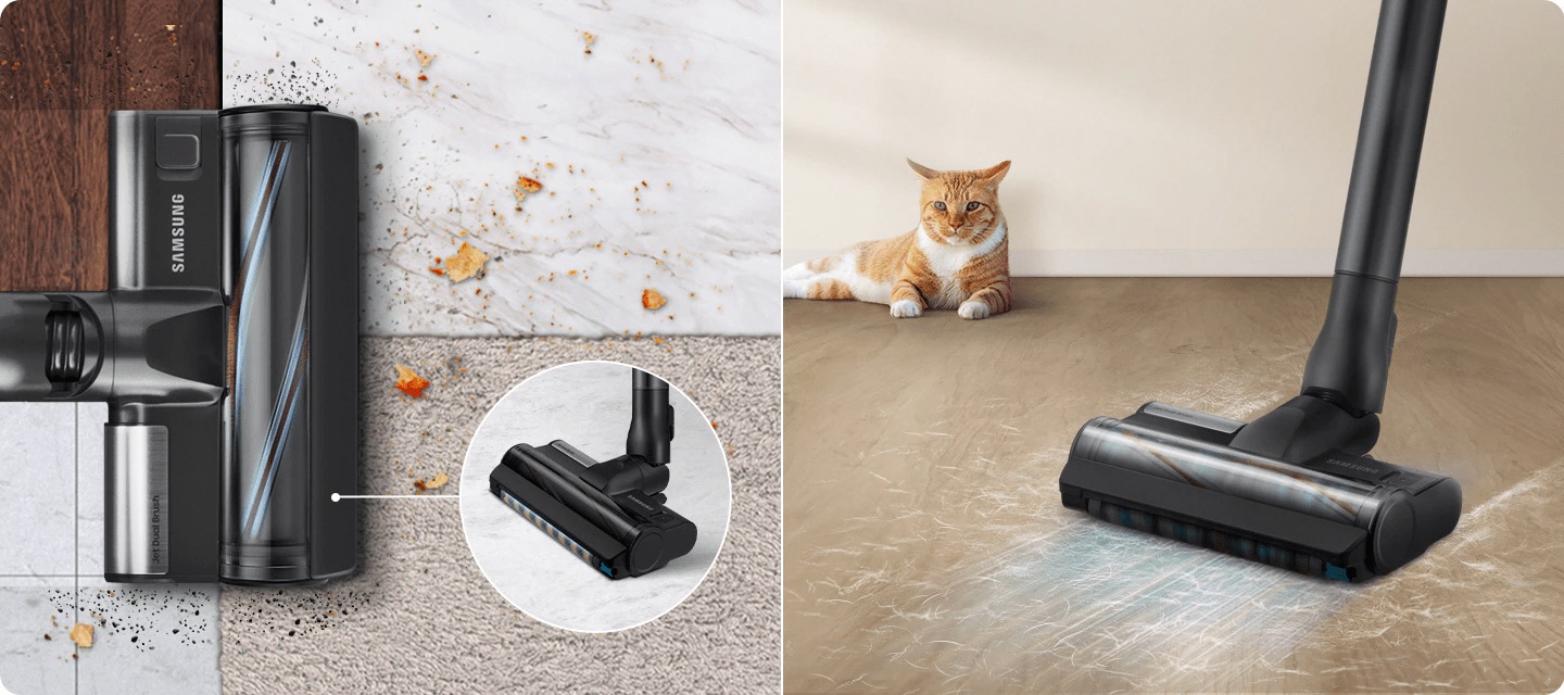 A Samsung Bespoke JET with a jet dual brush attachment cleans a surface with four different floor surfaces, each covered in dust and leaves: wood, tile, carpet, and marble. Next to it is a close up of the yellow and blue brush inside the vacuum cleaner.