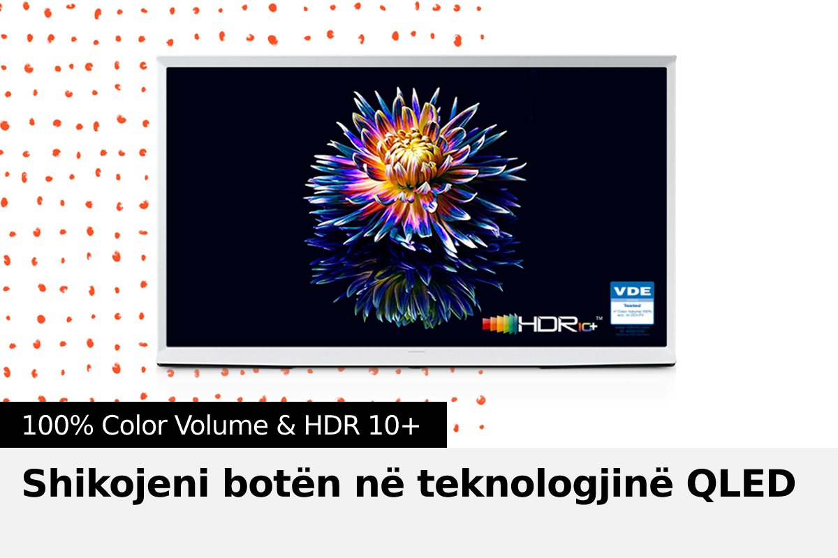 Një lule është duke çelur në ekranin e The Serif me ngjyra të gjalla. Logot 'HDR 10+' dhe 'VDE' shfaqen në fund.