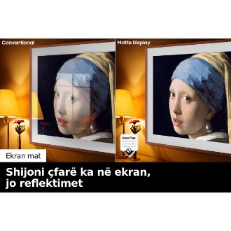 Ana e majtë e imazhit me fjalën "i zakonshëm" tregon The Frame duke shfaqur një vepër arti me shumë reflektime. Ana e djathtë me fjalët "Ekran mat" tregon The Frame me të njëjtën pikturë e cila nuk ka reflektim dhe me një logo të certifikuar anti-reflektim në anën e majtë poshtë.