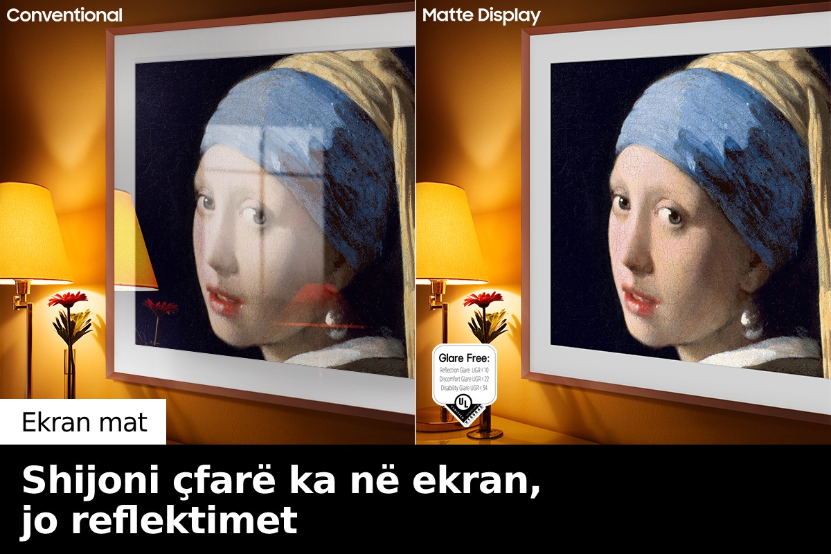 Ana e majtë e imazhit me fjalën "i zakonshëm" tregon The Frame duke shfaqur një vepër arti me shumë reflektime. Ana e djathtë me fjalët "Ekran mat" tregon The Frame me të njëjtën pikturë e cila nuk ka reflektim dhe me një logo të certifikuar anti-reflektim në anën e majtë poshtë.