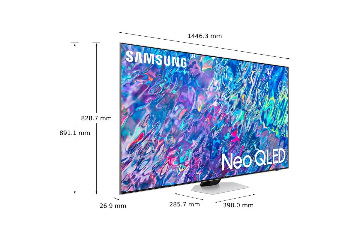 Përmasat e Samsung QLED TV(## x ## x ## mm) QN85B me mbajtëse qendrore në ngjyrë argjendi