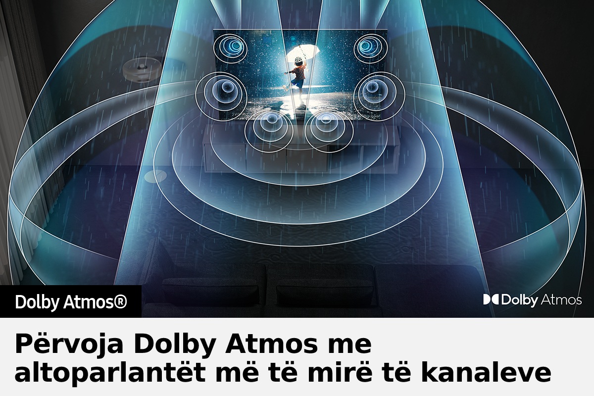 Valët e tingujve nga Dolby Atmos pulsojnë nga QLED TV Q80B duke u përhapur në të gjithë dhomën