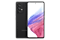 2. Galaxy A53 5G en Awesome Black visto desde el frente con un fondo de pantalla colorido. Gira lentamente, mostrando la pantalla, luego el lado redondeado suave del smartphone con la bandeja SIM, luego el acabado mate y la carcasa mínima de la cámara en la parte trasera y vuelve a detenerse en la