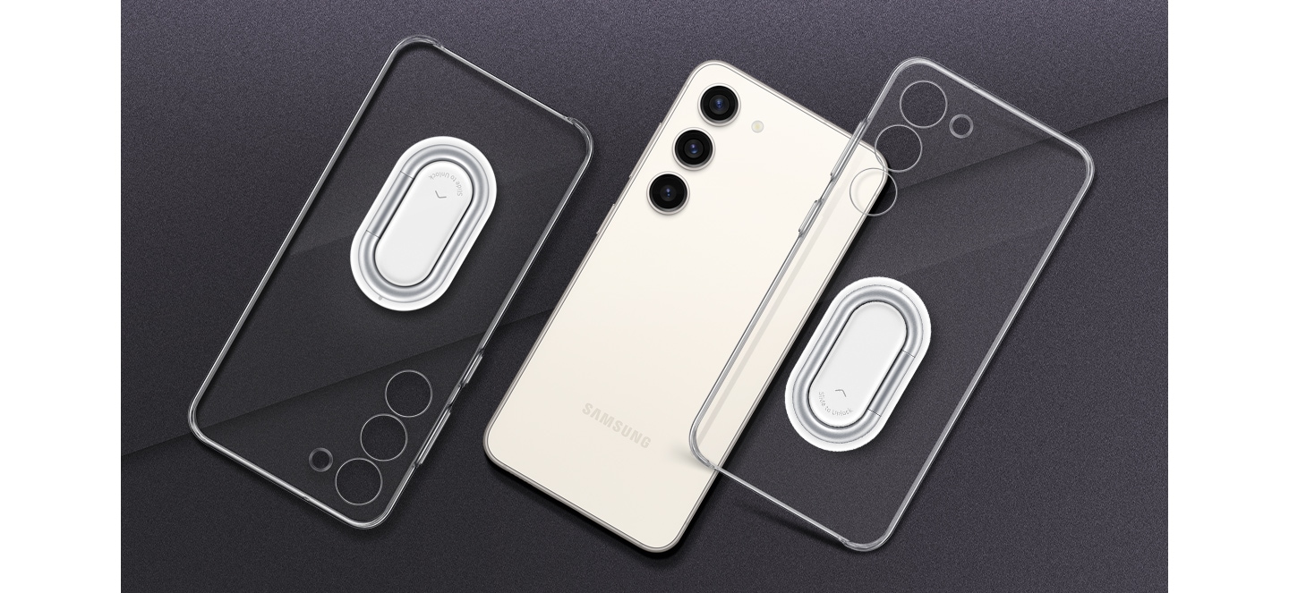 Se muestra la vista posterior de un smartphone Galaxy S23 con dos cubiertas transparentes del dispositivo que se desplazan sobre el dispositivo y resaltan su transparencia y la claridad.