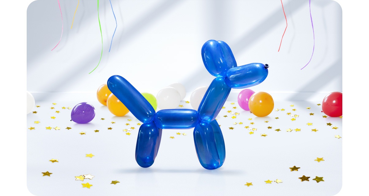2. A blue dog-shaped balloon is in the forefront, with other balloons and decorations in the background. With Depth Camera, all elements are in focus.