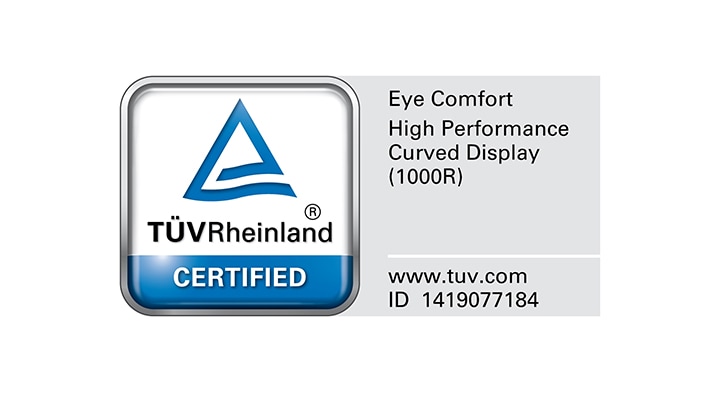 La imagen muestra un certificado de TÜV Rheinland con el texto "Eye Comfort High Performance Curved Display (1000R) www.tuv.com ID 1419077184"
