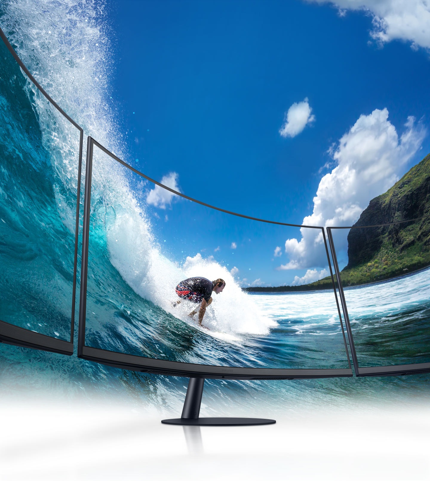 La imagen muestra un monitor curvo enmarcando una imagen de un hombre surfeando. Se remarca la curvatura del monitor con  la curvatura de la ola.