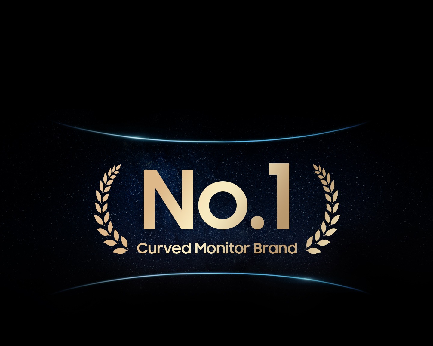 La imagen muestra un fondo estrellado con el texto "No. 1 Curved Monitor Brand", enmarcado con una línea curva superior y  una inferior, simulando un monitor curvo