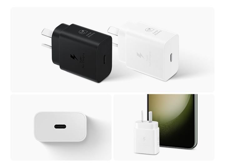 Una línea azul rodea varios dispositivos Galaxy en posición vertical: un Galaxy Tab S7+, Galaxy Fold3, Galaxy S21+, Galaxy Watch4, Galaxy Flip3 y Galaxy Buds2. Al frente, un trío de adaptadores de corriente de 45 W termina el círculo azul.