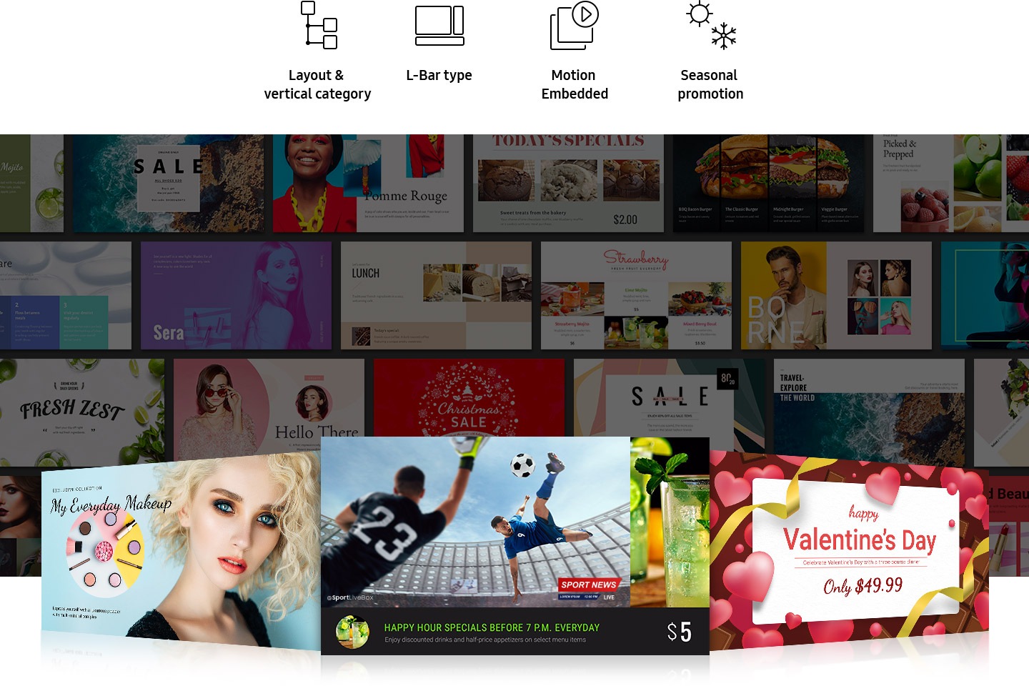 There are various contents such as makeup, football, and Valentine's Day promotions. Above are Layout & vertical category, L-bar type, motion embedded, and seasonal promotion icons.